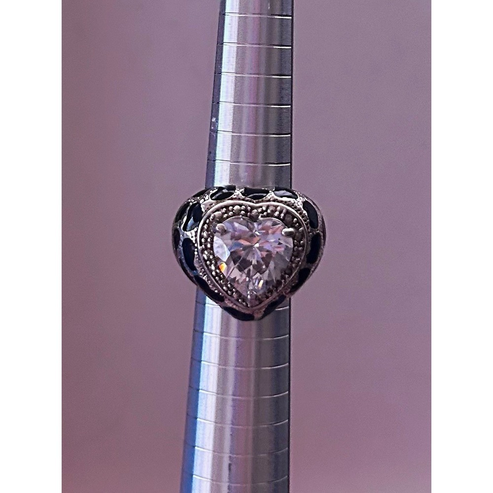 Silver Tone Black Metal Band Cocktail Ring Heart Clear Crystal Stone Size 7